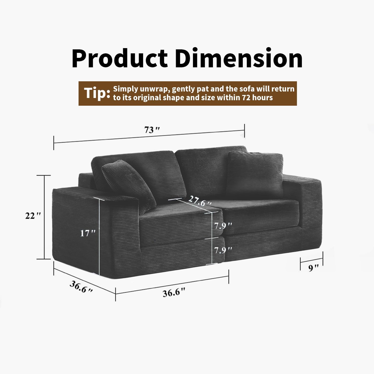 FILUXE Modular Sectional Sofa, Modern Modular Sofa Couch with Deep Seat，Comfy Cloud Couch, Sectional Couches for Living Room, Bedroom and Apartment，2-Seater，Dark Grey