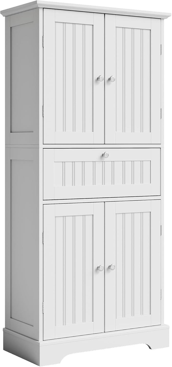 ChooChoo 51" H Bathroom Floor Cabinet with Drawers and Adjustable Shelves | Bathroom Storage Cabinet, Freestanding Kitchen Pantry Cupboard with 4 Doors for Living Room, White