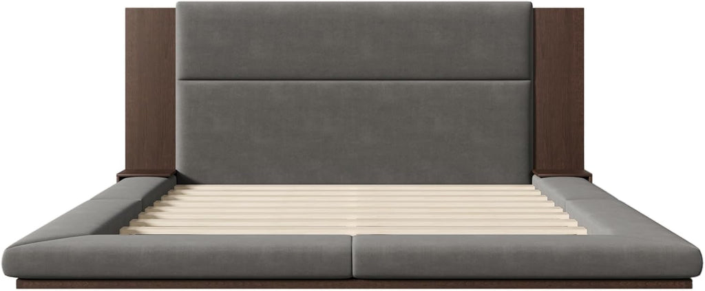 SOFTSEA King Size Floor Platform Bed Frame, Upholstered Floor Bed with Extended Headboard & Bedside Shelf, Velvet Fabric Grounded Bed Frame King Size for Bedroom, No Box Spring Needed, Gray
