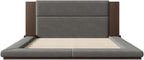 SOFTSEA King Size Floor Platform Bed Frame, Upholstered Floor Bed with Extended Headboard & Bedside Shelf, Velvet Fabric Grounded Bed Frame King Size for Bedroom, No Box Spring Needed, Gray