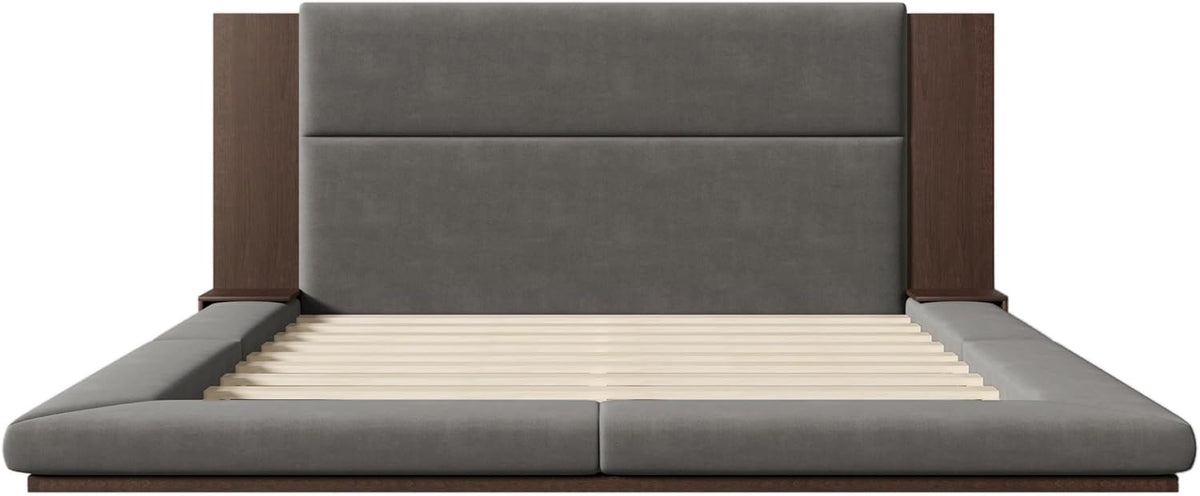 SOFTSEA King Size Floor Platform Bed Frame, Upholstered Floor Bed with Extended Headboard & Bedside Shelf, Velvet Fabric Grounded Bed Frame King Size for Bedroom, No Box Spring Needed, Gray