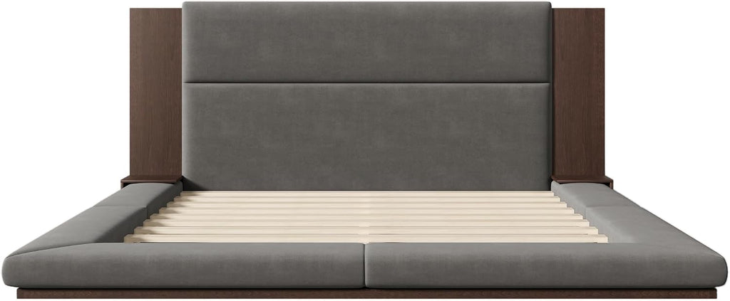 VilroCaz Modern King Size Upholstered Grounded Bed, Velvet Fabric Floor Upholstered Platform Bed with Extended Wood Headboard & Bedside Shelf, No Box Spring Required (King)