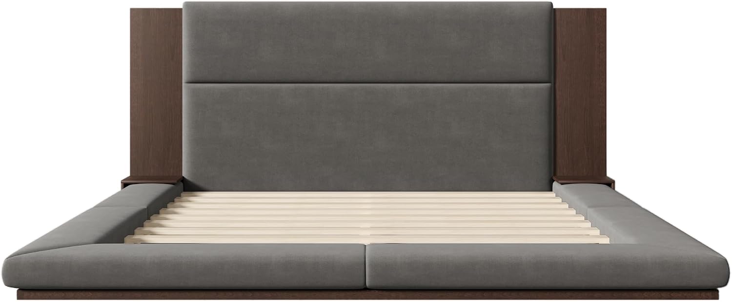 VilroCaz Modern King Size Upholstered Grounded Bed, Velvet Fabric Floor Upholstered Platform Bed with Extended Wood Headboard & Bedside Shelf, No Box Spring Required (King)