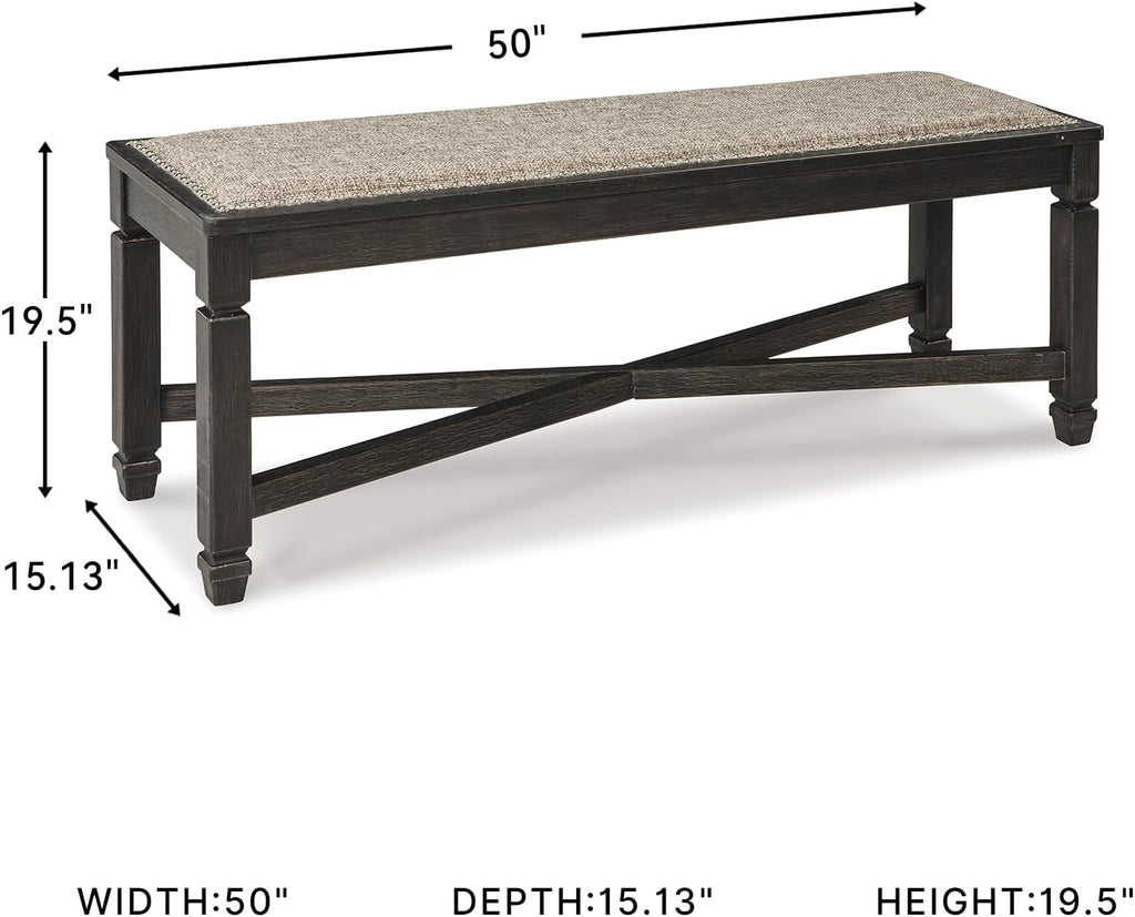 Signature Design by Ashley Tyler Creek Farmhouse Upholstered Dining Room Bench with Tapered Legs, Heavy Woven Fabric, Wood, 19.5" High Seat, Black & Gray