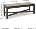 Signature Design by Ashley Tyler Creek Farmhouse Upholstered Dining Room Bench with Tapered Legs, Heavy Woven Fabric, Wood, 19.5" High Seat, Black & Gray