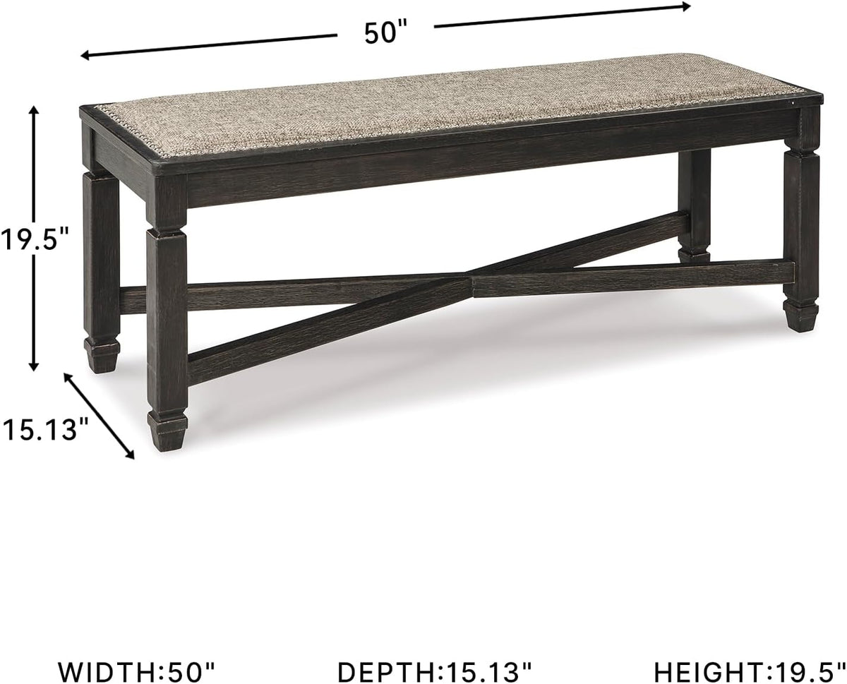 Signature Design by Ashley Tyler Creek Farmhouse Upholstered Dining Room Bench with Tapered Legs, Heavy Woven Fabric, Wood, 19.5" High Seat, Black & Gray