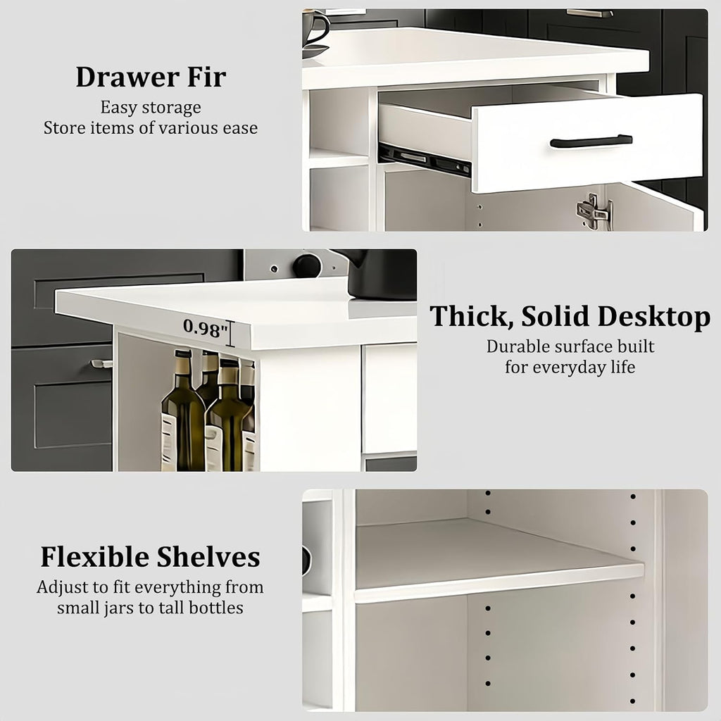Large Kitchen Island,Wood Freestanding Islands with Storage Drawers, Trash Cabinet, Adjustable Shelves, Cabinet & Spice Rack,Farmhouse Kitchen Island for Kitchen & Dining Room