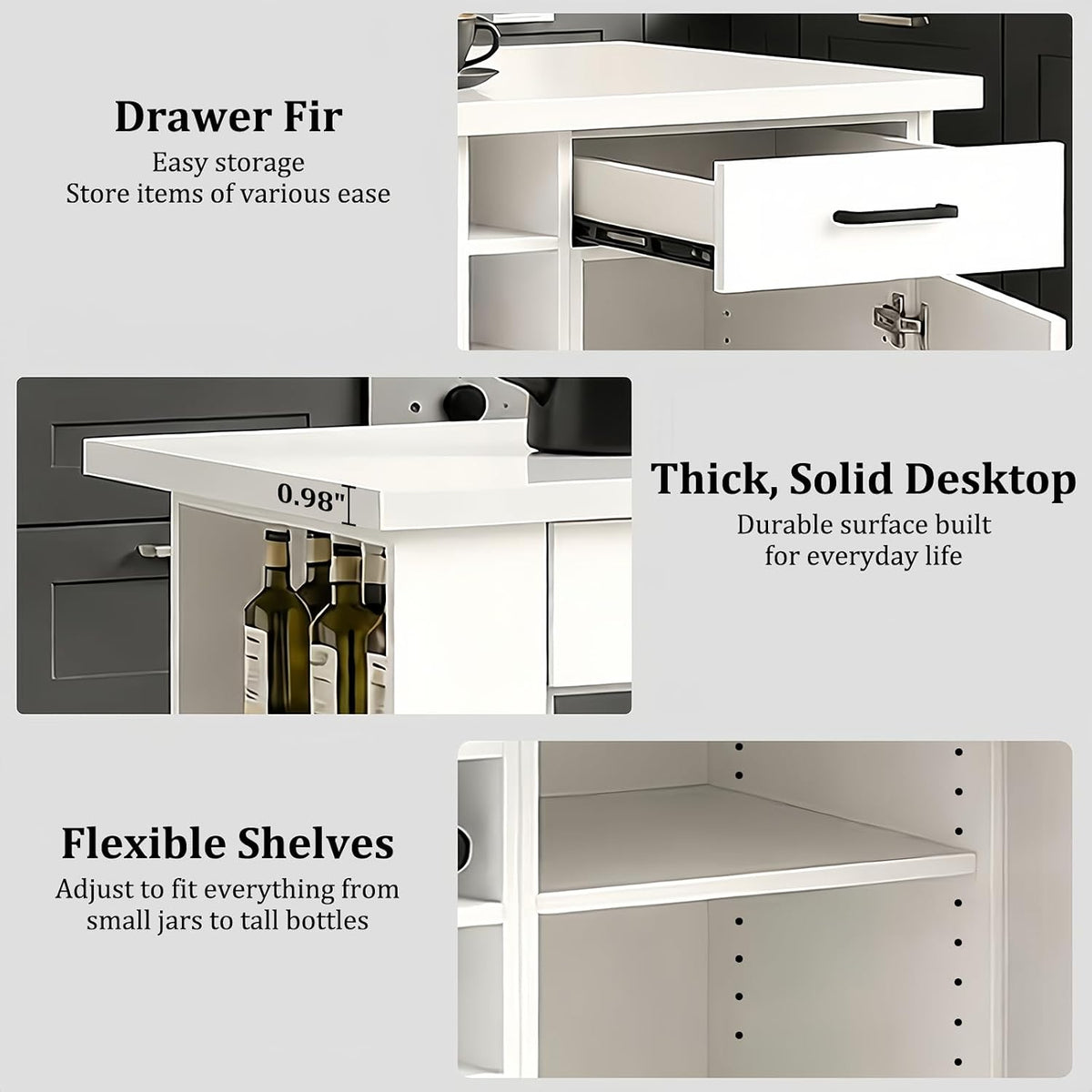 Large Kitchen Island,Wood Freestanding Islands with Storage Drawers, Trash Cabinet, Adjustable Shelves, Cabinet & Spice Rack,Farmhouse Kitchen Island for Kitchen & Dining Room