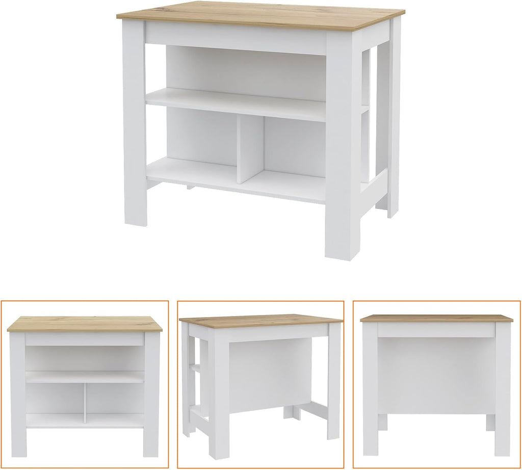 Kitchen Island Dozza with Three Shelves in White and Light Oak | Three storage shelves with dimensions for kitchen organization