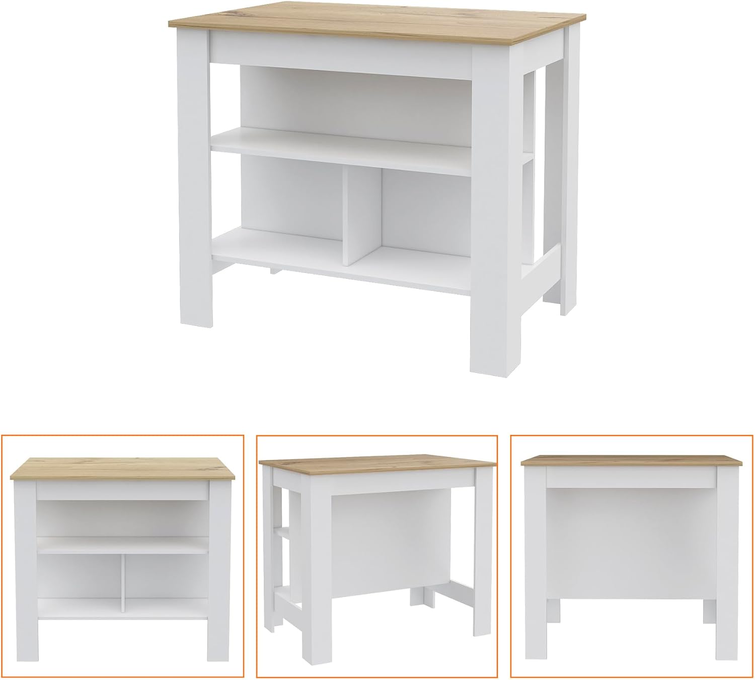 Kitchen Island Dozza with Three Shelves in White and Light Oak | Three storage shelves with dimensions for kitchen organization