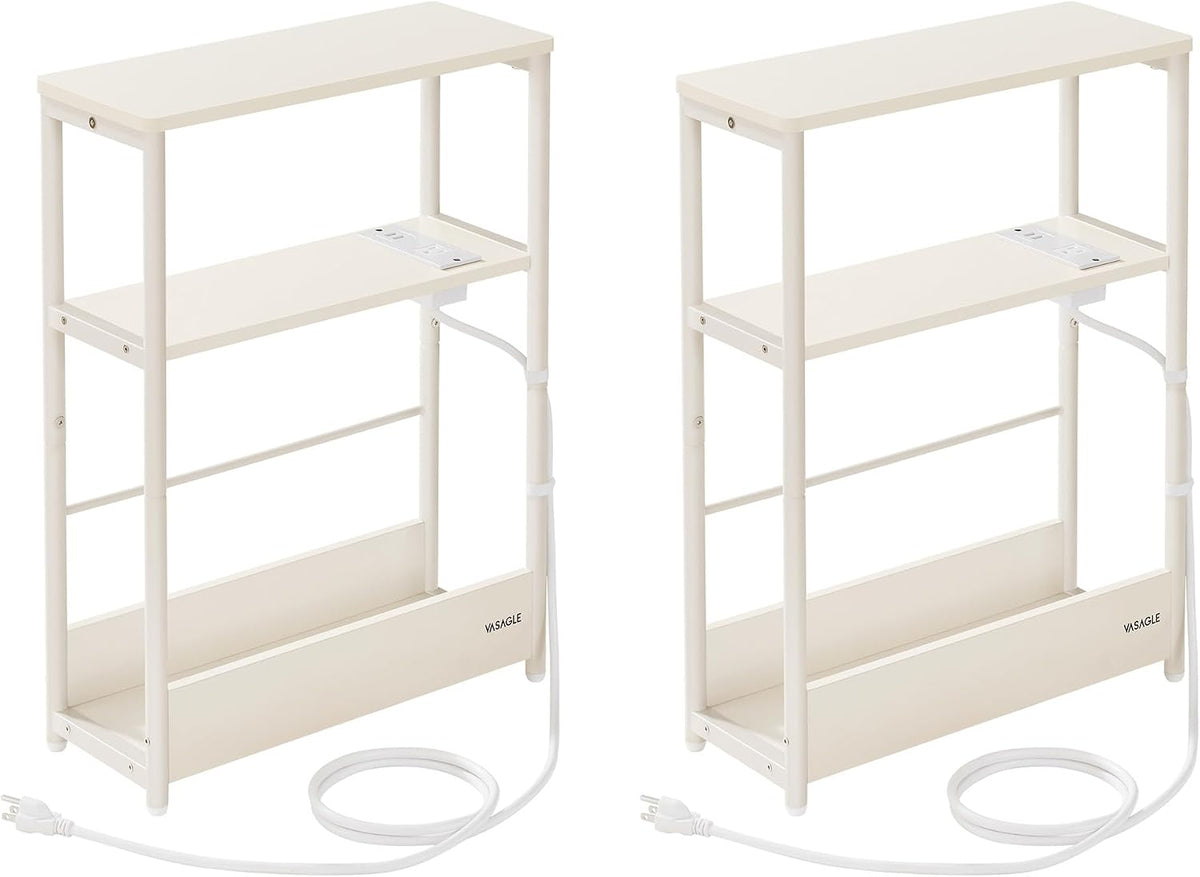 VASAGLE Side Tables with Charging Station, Set of 2 Narrow End Tables, 3-Tier Nightstands, Sofa Tables for Small Spaces, for Living Room, Bedroom, Study, Cream White ULCT664W01