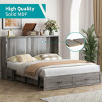 BALUS Queen Murphy Bed, Chest Murphy Bed with Built in USB Chariging Station & Storage Drawer, Solid Wood Cabinet Bed, Queen Hidden Bed for Guest/Living Room/Bedroom, No Mattress-Grey