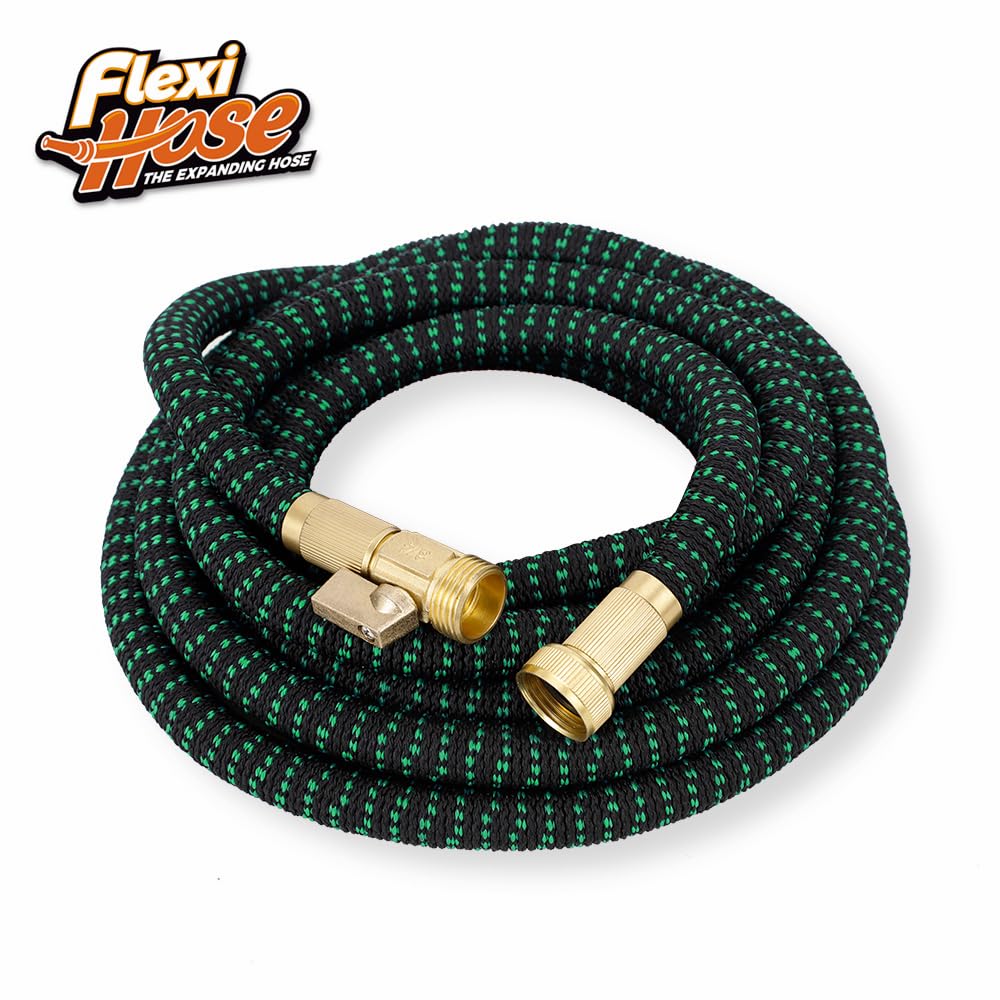 Flexi Hose with 8 Function Nozzle, 50FT - Lightweight Expandable Garden Hose, No-Kink Flexibility, 3/4 Inch Solid Brass Fittings and Double Latex Core - Black and Green