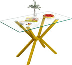 Modern Dining Table for 4 People, 47" Rectangle Dining Room Table with Gold Chrome Metal X-Base, Rectangular Tempered Glass Dining Table, Kitchen Dining Room Tables Luxury Dinner Table
