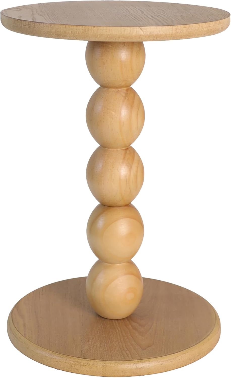 dwellington Small Round Wooden Side Table with Stacked Ball Pedestal Base, 12.4 X17.32 Accent Nightstand for Living Room, Bedroom, Corners (Natural)