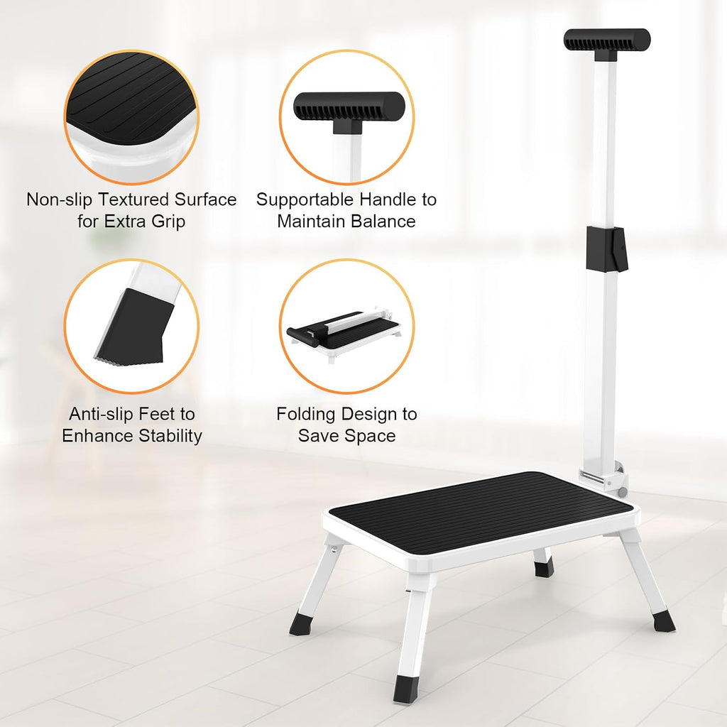 Step Stools for Adults, Foldable Step Stool with Handle for Elderly Seniors Stepping Stool with Non-Slip Step Platform Metal Stool in Kitchen, Bedroom,Bathroom,330 Lbs Capacity(Patent Protection)