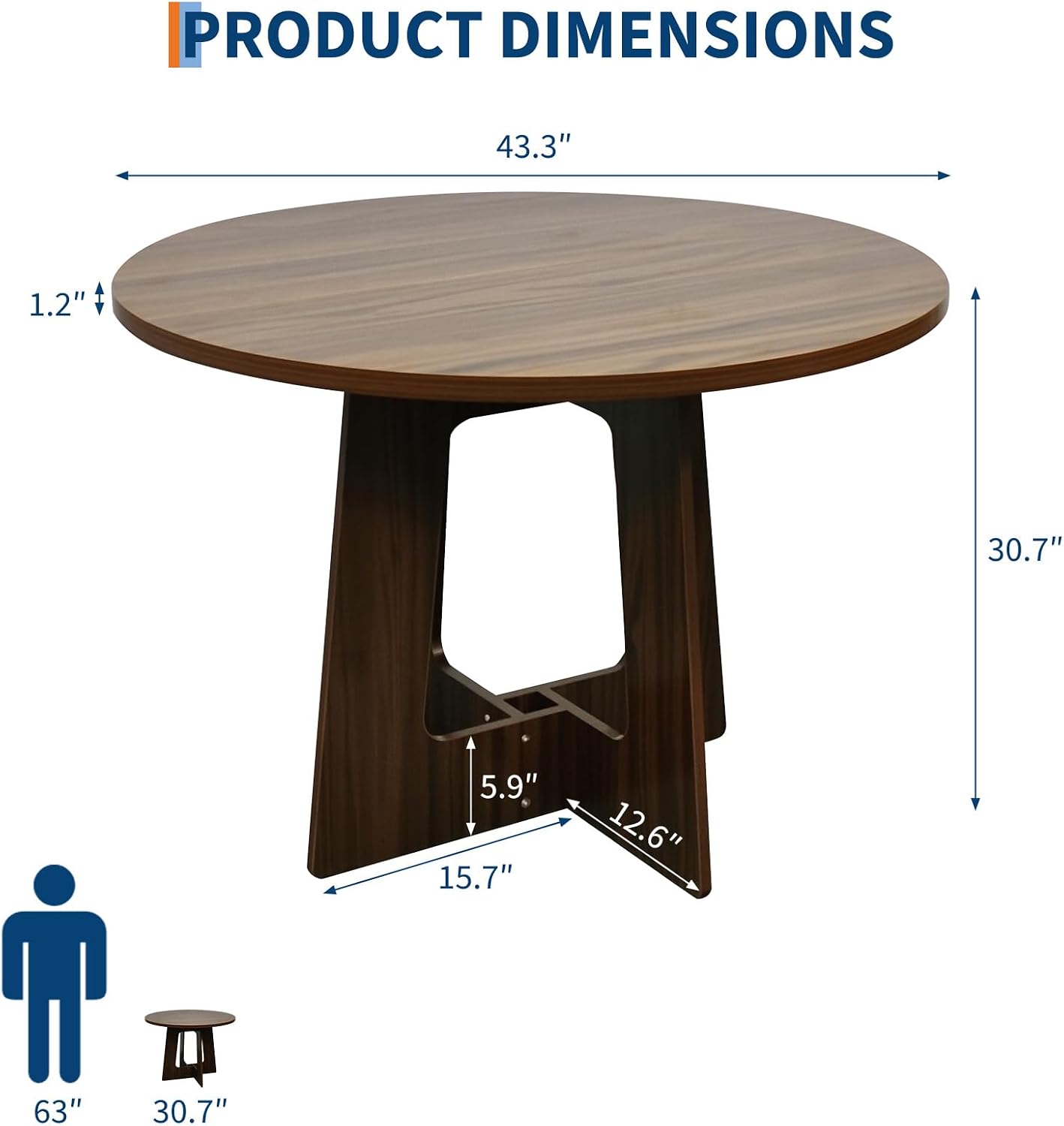 Round Dining Table for 4, 43.3" Kitchen Table for Dining Room, Circle Farmhouse Kitchen Table, Wood Dinner Table for Kitchen, Living Room, Apartment, Walnut Brown