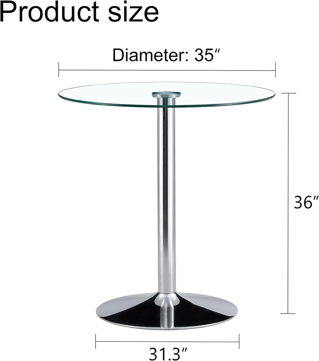 A Glass Tabletop with a Diameter of 35 inches and a Modern Minimalist Circular Dining Table with electroplated Silver Metal Legs. Suitable for Restaurants, Living Rooms, and Conference Rooms.BT-1166