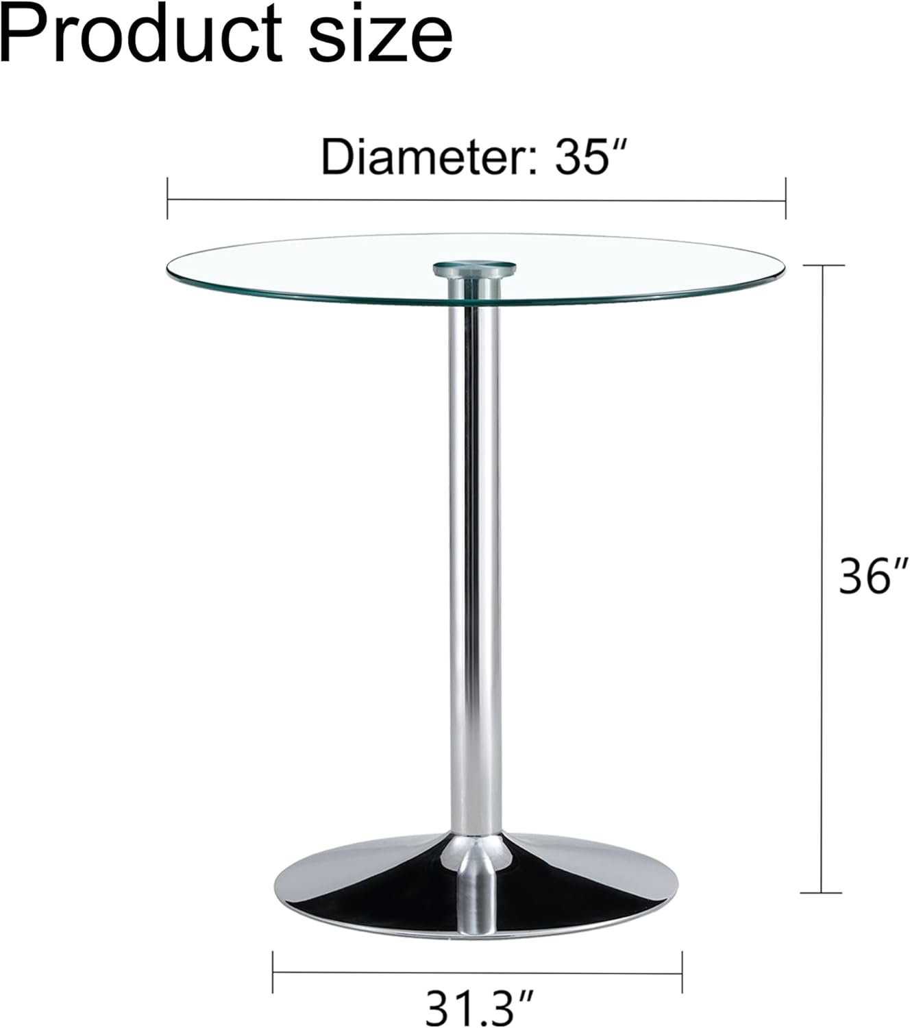 A Glass Tabletop with a Diameter of 35 inches and a Modern Minimalist Circular Dining Table with electroplated Silver Metal Legs. Suitable for Restaurants, Living Rooms, and Conference Rooms.BT-1166