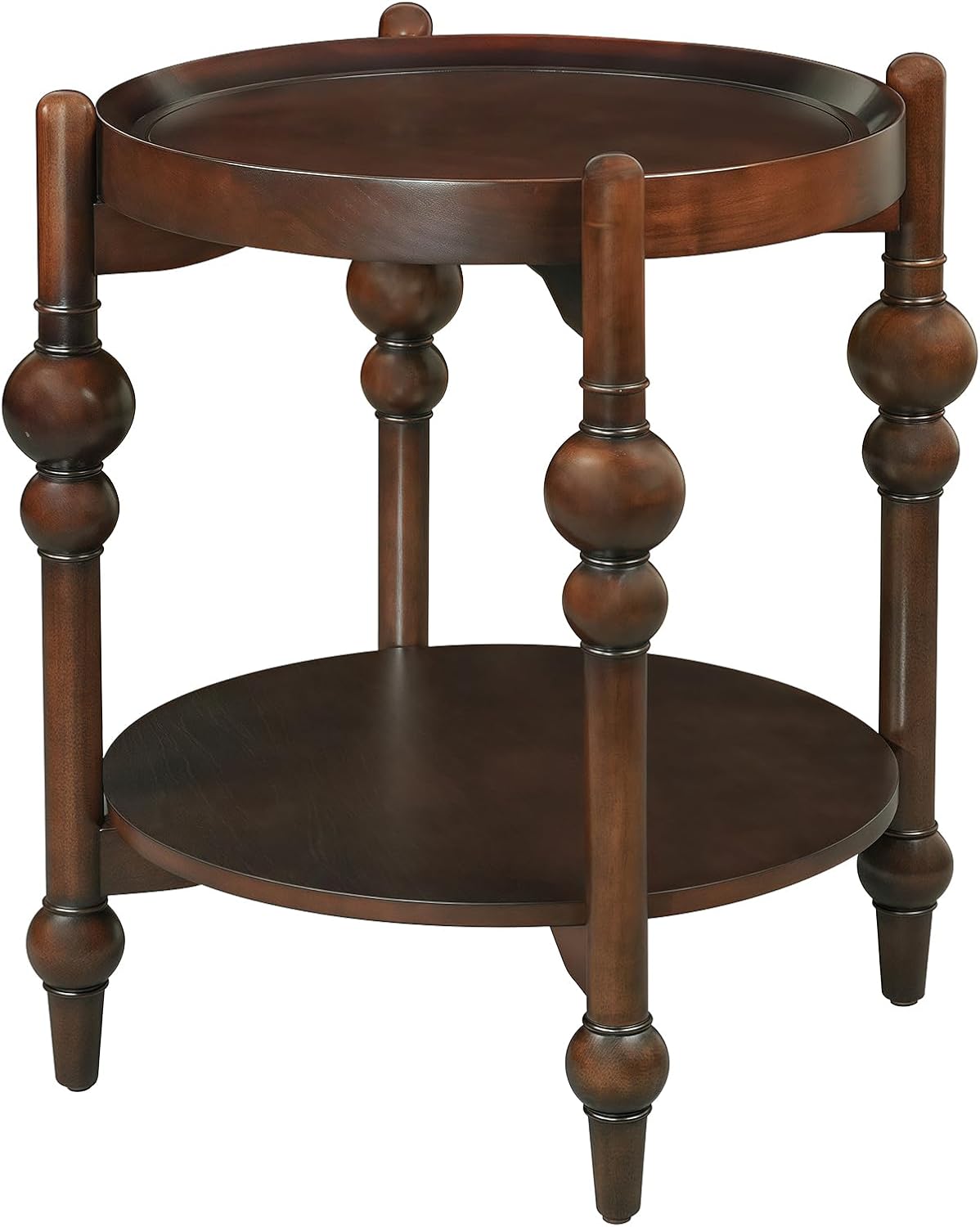 23" Round End Table with Solid Wood Frame, Small Side Table with Wood Shelf for Living Room Small Space Office Apartment, Walnut