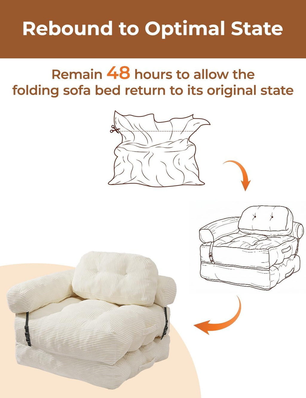 Folding Sofa Bed, L-Shaped Couch Back Support and Arm Pillow Futon | Convertible Sofa Bed for Living Room/Guest Use/Home Office, Foldable Couch for Adults, Beige