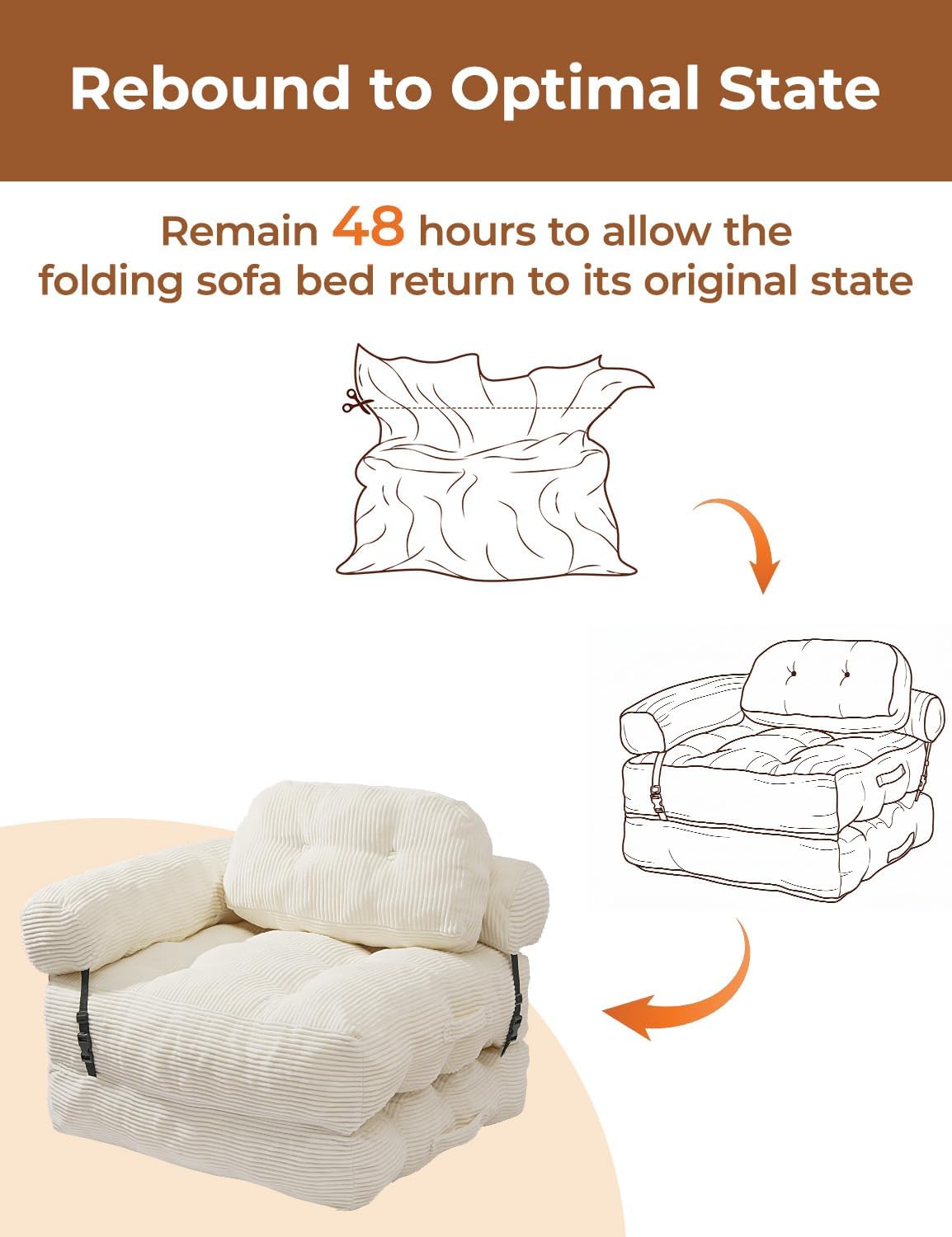 Folding Sofa Bed, L-Shaped Couch Back Support and Arm Pillow Futon | Convertible Sofa Bed for Living Room/Guest Use/Home Office, Foldable Couch for Adults, Beige