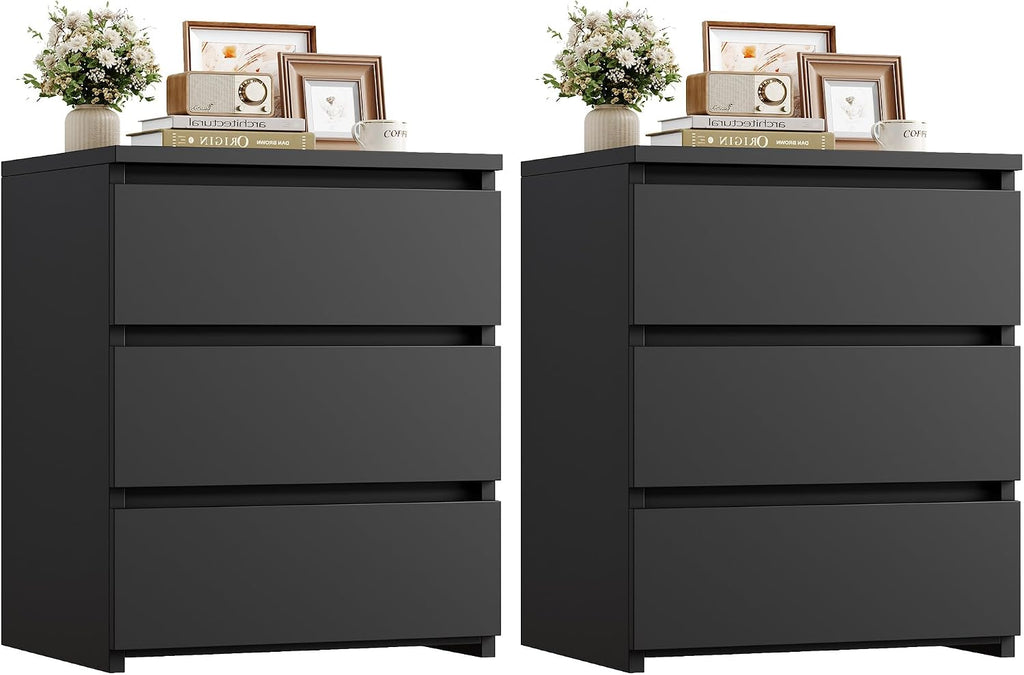 FOTOSOK Nightstands Set of 2, Black Nightstand with 3 Drawers for Bedroom | Black Nightstand Set of 2 for Bedroom, Handless Bedside Table with Silent Design, Side End Table for Small Spaces/Apartment