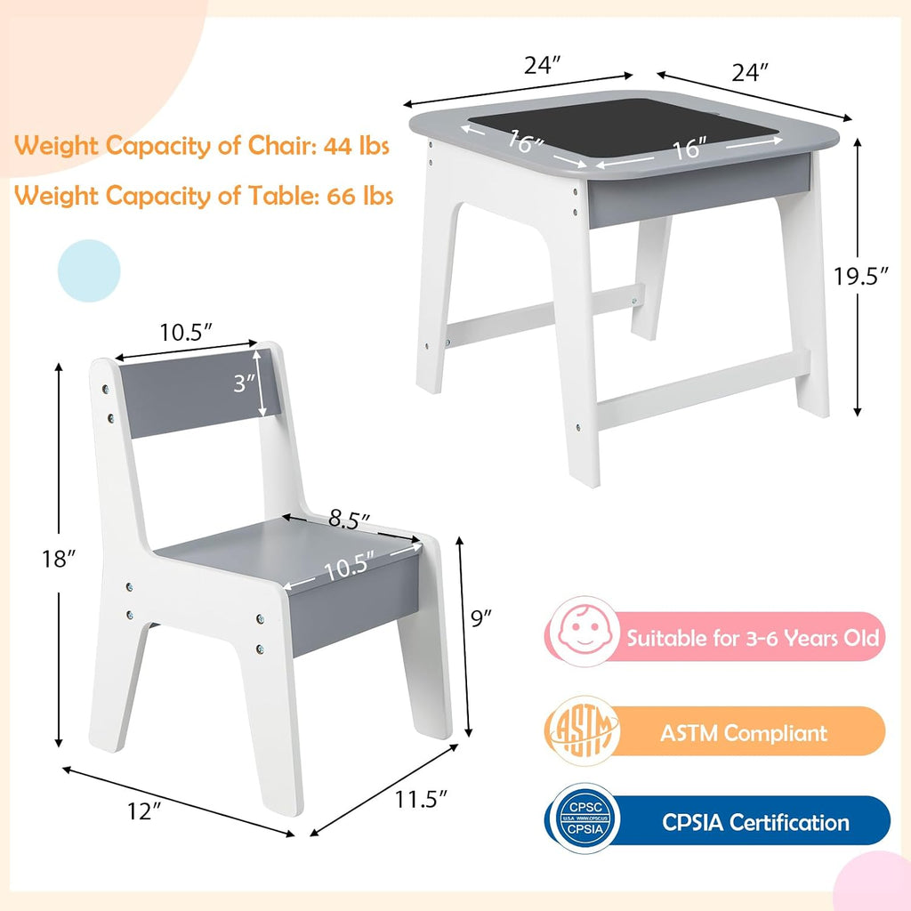 HONEY JOY Kids Table and Chair Set, 3-in-1 Children Wooden Activity Table and 2 Chairs for Art Craft, Reversible Blackboard, 3 PCS Toddler Furniture with Storage, Gift for Boys Girls (Gray)
