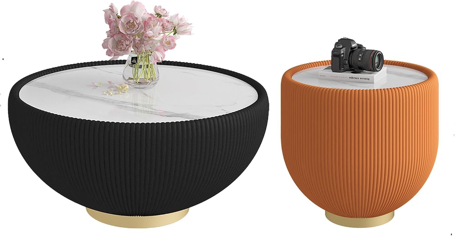 Modern Bowl-Shape End Table with Marbled Top, 19.69" Round Sofa Side Table with PU Leather Metal Base, Otange Center Table Cocktail Table, Small Accent Nightstand for Living Room