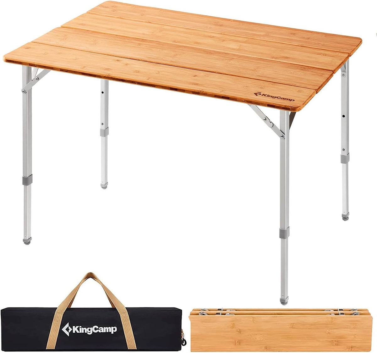 KingCamp Bamboo Folding Camping Table, 4-Fold Adjustable Outdoor Table | Portable Design with Carry Bag, Natural Bamboo Top, Ideal for RV Outdoor Picnic Backyard Camping