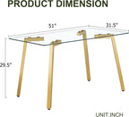NicBex Dining Room Table Modern 51" Rectangular Dining Table for 6 with Tempered Glass Tabletop and Metal Legs for Kitchen, Dining Room, Restaurants, Golden