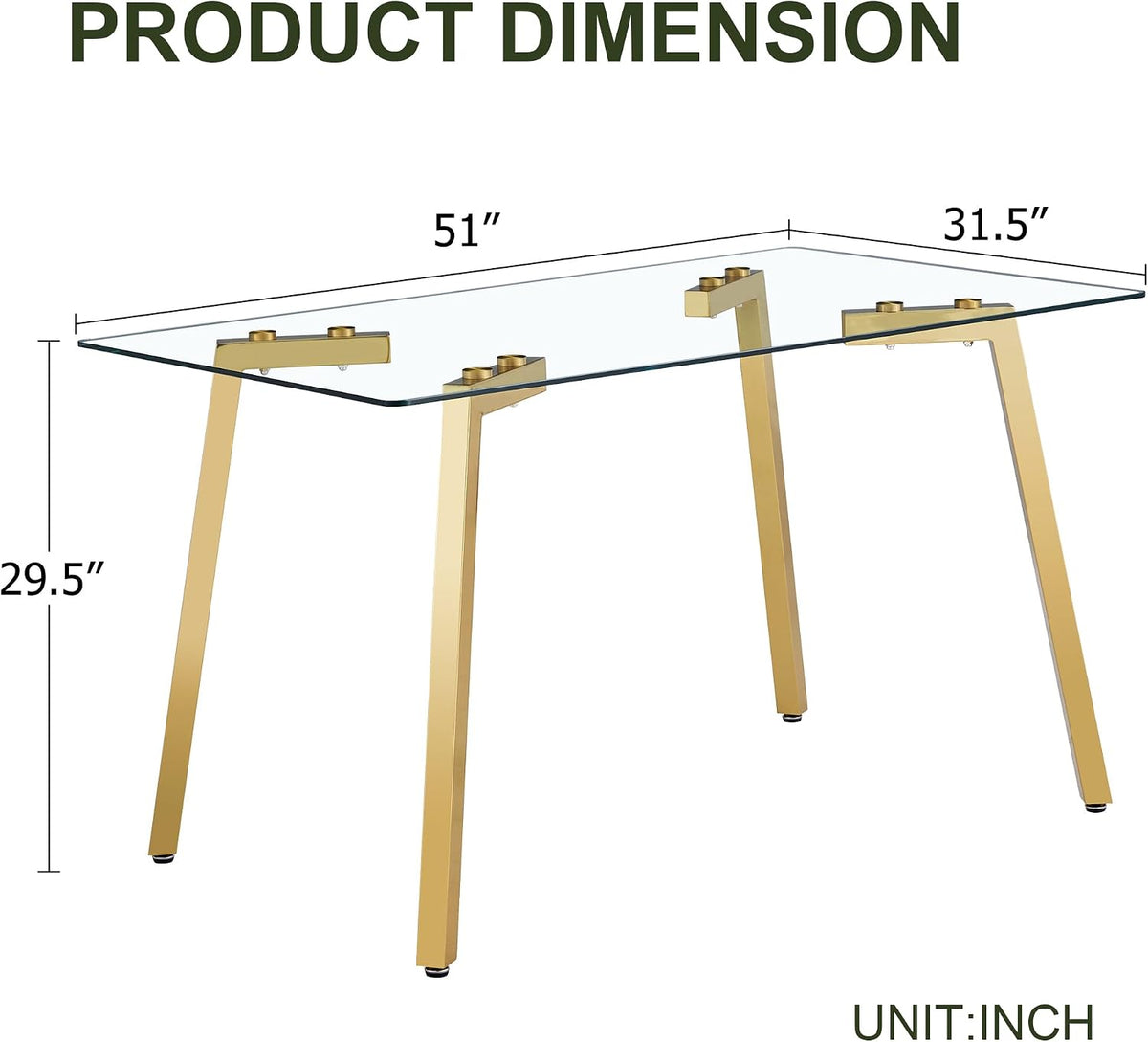 NicBex Dining Room Table Modern 51" Rectangular Dining Table for 6 with Tempered Glass Tabletop and Metal Legs for Kitchen, Dining Room, Restaurants, Golden