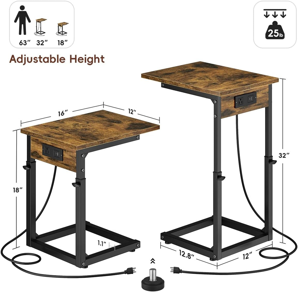 Vagusicc C Shaped End Table with Charging Station, 33"Tall Side Table for Couch, C-Table End Table Adjustable Height Side Table,Slide Under Couch Table TV Tray Table for Sofa,Living Room,Bedroom,Brown