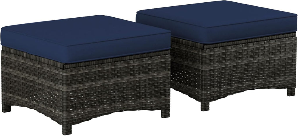 Outdoor Wicker Ottoman Set of 2, Patio Swivel Rattan Ottoman with Thick Cushions, Ideal for Backyard, Garden, Poolside, Blue