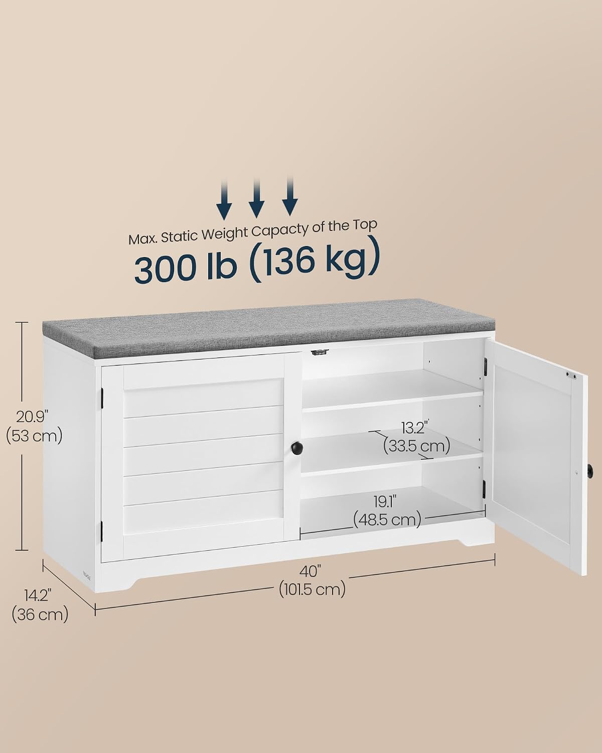 SONGMICS HOME 3-Tier Entryway Bench, Shoe Bench with Padded Seat, for Hallway, Bedroom, 14.2 x 40 x 20.9 Inches, White and Gray