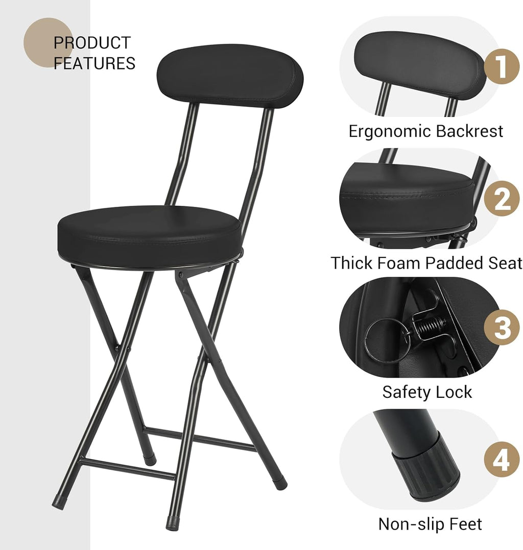 Cushioned Padded Folding Stools, Folding Bar Stool with Backrest, 220lb Capacity, 19 Inch Collapsible Round Portable Foldable Chair for Outdoor Indoor Kitchen Camping Fishing (Black, 2 Pack)