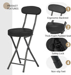 Cushioned Padded Folding Stools, Folding Bar Stool with Backrest, 220lb Capacity, 19 Inch Collapsible Round Portable Foldable Chair for Outdoor Indoor Kitchen Camping Fishing (Black, 2 Pack)