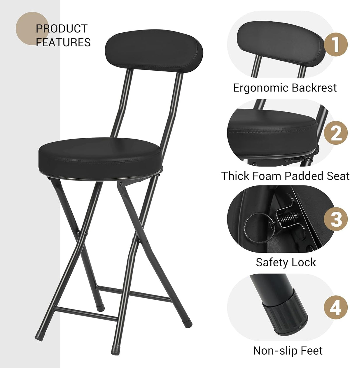 Cushioned Padded Folding Stools, Folding Bar Stool with Backrest, 220lb Capacity, 19 Inch Collapsible Round Portable Foldable Chair for Outdoor Indoor Kitchen Camping Fishing (Black, 2 Pack)