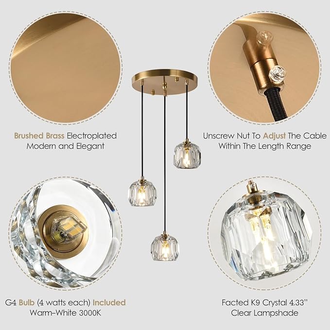3 Light Pendant Light Fixtures, Crystal Pendant Lights Kitchen Island, Modern Hanging Lights Brushed Brass Cluster Pendant Lighting for Dining Room Bathroom