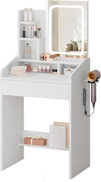 LIVELYGLOW 24" White Small Vanity Set with Lighted Mirror & Storage Stool | Smart LED Mirror, Charging Station, Hairdryer Rack, Space-Saving