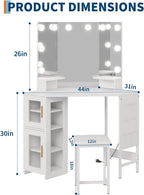 Garvee Corner Vanity Desk and Stool, Corner Makeup Vanity Set with Light | with 3 Modes Lights, Power Outlet, 2 Cabinets & 1 Cloth Storage Bag