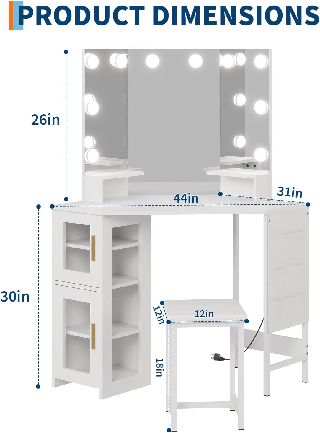Garvee Corner Vanity Desk and Stool, Corner Makeup Vanity Set with Light | with 3 Modes Lights, Power Outlet, 2 Cabinets & 1 Cloth Storage Bag