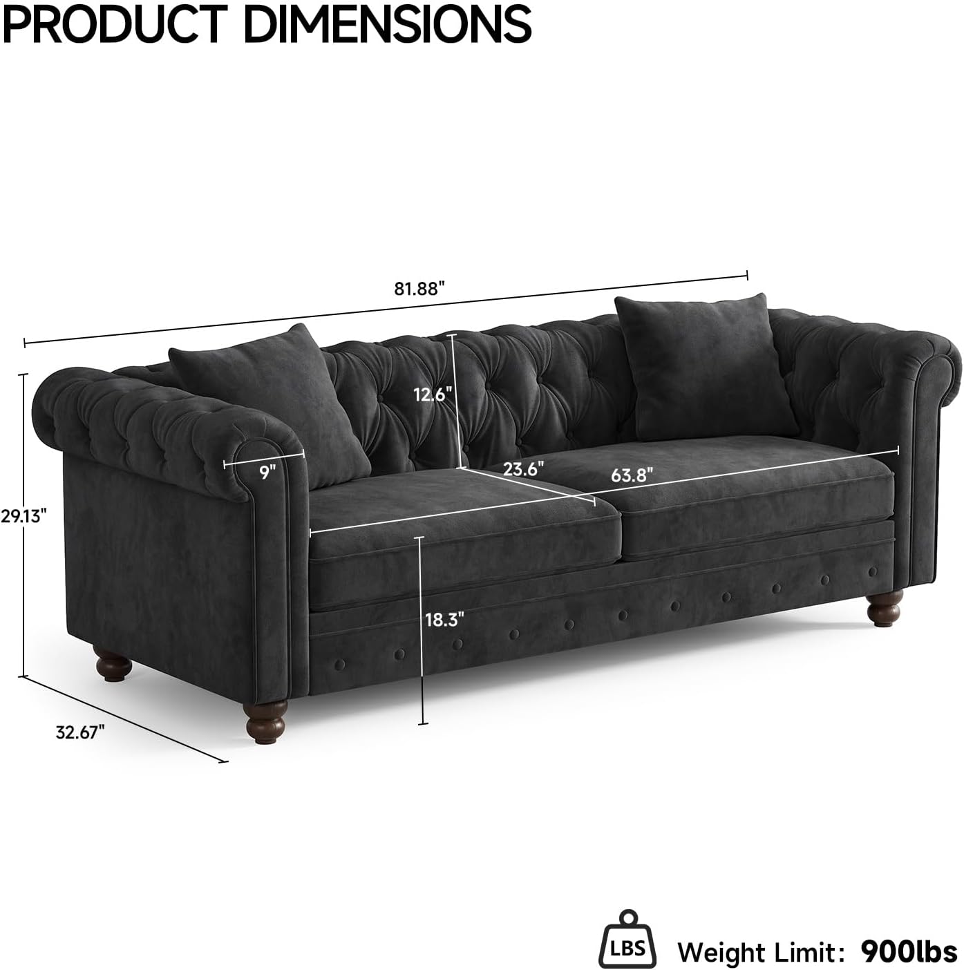 ONBRILL 82 Inch Chesterfield Sofa, 23 Inch Deep Seat Velvet Couch for Living Room, Button Tufted Couch with Rolled Arms, 2 Throw Pillows, Comfy Vintage Loveseat Sofa for Apartment, Black