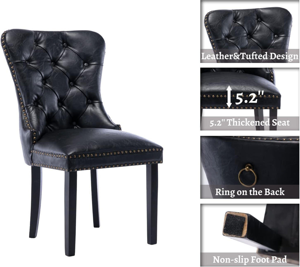 EALSON Modern Black Dining Chairs Set of 8 Mid Century Leather Dining Room Chairs with Wood Legs Tufted Upholstered Kitchen Side Chairs with Nail Head Trim for Dining Room/Living Room, Back with Ring
