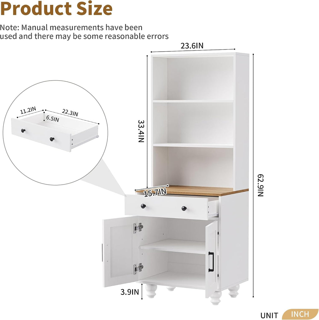 DSHADE Farmhouse Pantry Cabinet with 4 Solid Wood Gourd-Shaped Legs, Modern Kitchen Cabinet with Adjustable Shelves, 5 Tier Bookshelf with Drawer for Living Room, White