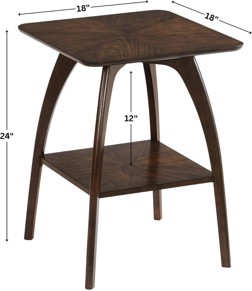 Sandstone Home LAX Mid-Century Modern Square End Table with Starburst Top – 18” Accent Table with Shelf, Rich Espresso Brown Finish, Retro Side Table or Nightstand for Living Room or Bedroom
