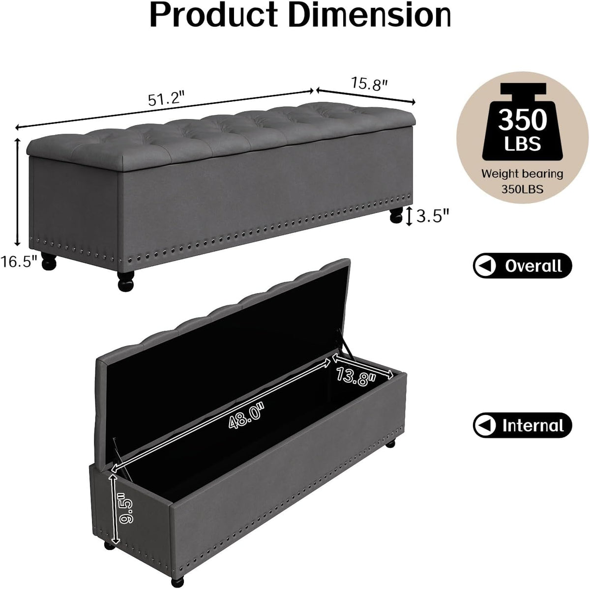 51" Storage Ottoman Bench with Wooden Legs and Soft-Close, Grey | Large End of Bed Bench with Button Tufting, Metal Rivet Accents, Fabric Bedroom Chest for Entryway Living Room Window