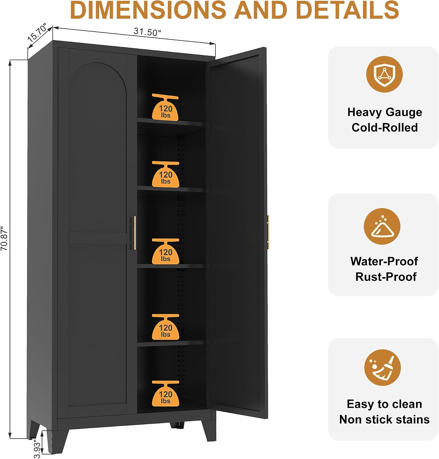 RYH Metal Pantry Cabinet with Doors & 3/4 Shelves, Kitchen Storage Cabinet, Large White Utility Cupboard for Kitchen, Dining Room, Office, Living Room (Black, 70.87" H×31.5" W×15.7" D)