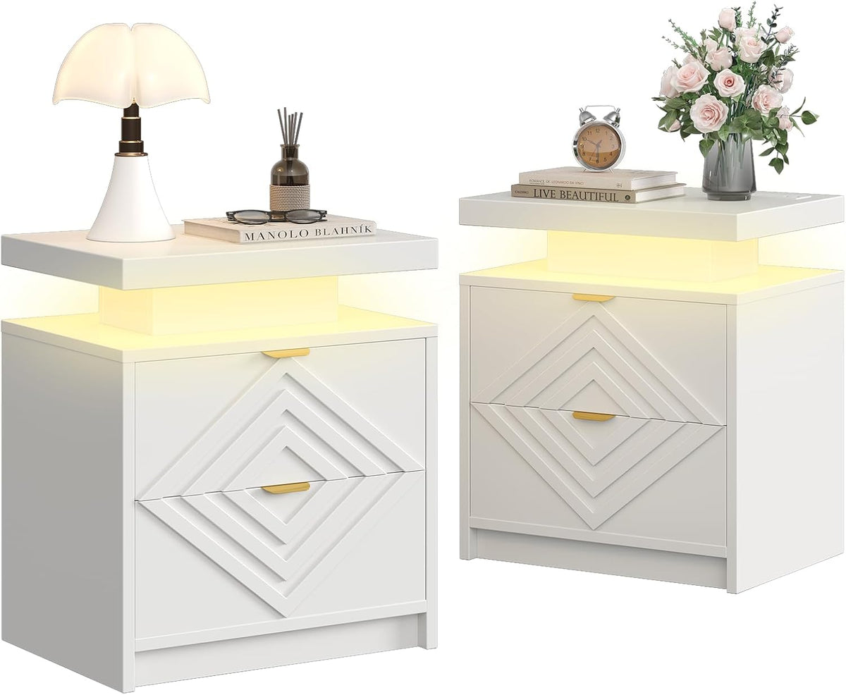White Nightstand with Charging Station and LED Lights, Smart Night Stand, Modern Bedside Table with Drawers, RGB Lights, Power Outlets, USB and Type-C Ports, End Side Table for Bedroom Office (2)