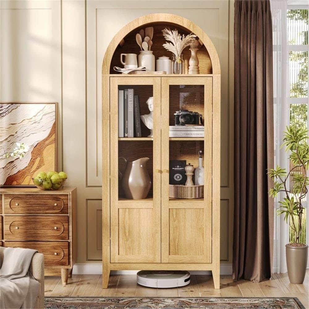 Light Brown Tall Arched Cabinet with Glass Doors Storage Cabinet Engineered Wood Display Cabinet for Kitchen Dining Room Living Room Anti Tip Design